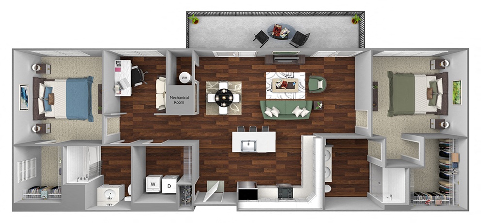 Floor plan for 2 beds, 2 baths, 1368 sqft